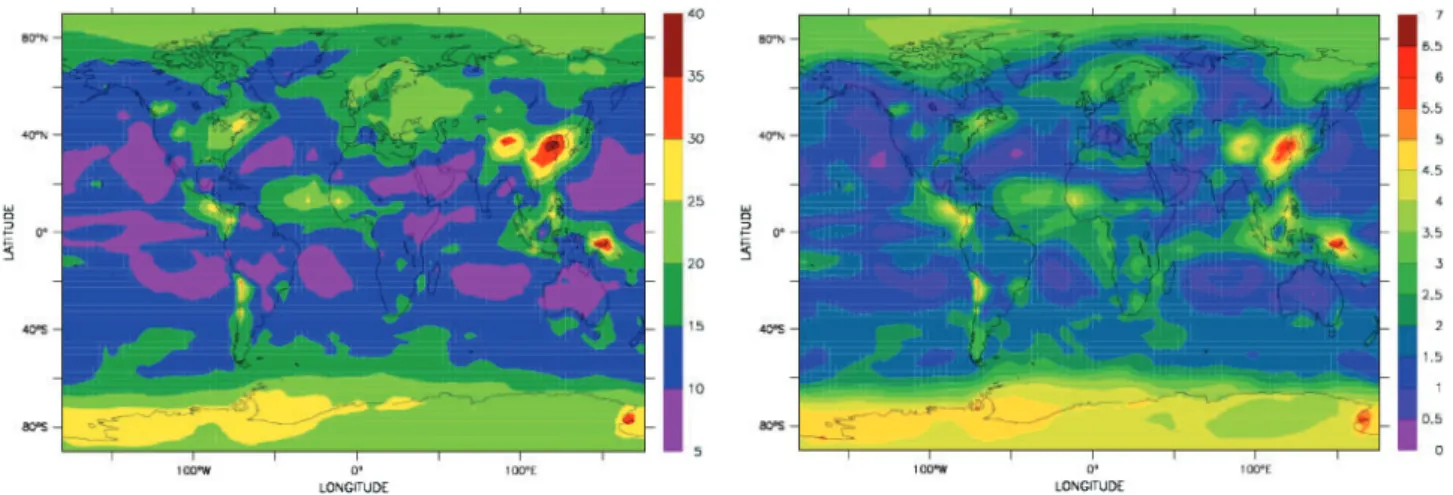 Fig. 5. Normalized root mean square error (RMSE) of the total aerosol optical depth at 550 nm for daily (left) and monthly (right) averages of SPLA with respect to LMDz.