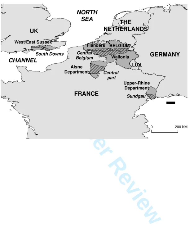 Fig. 1. Location of the studied regions in England, France and Belgium. 