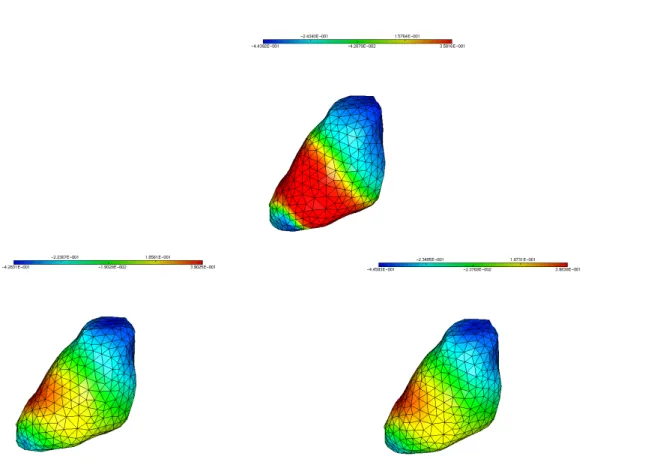 Figure 2.13 – Reconstruction du champ de potentiel u 1 (b) et u 2 (c) comparé à la solution exacte (a) sur la surface du coeur.