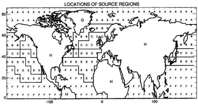 Figure 1 presents  the geographical  locations  of these regions  and of two additional land regions, one representing Green-  land (region G)  and the  other representing all  other land  surfaces (region H)