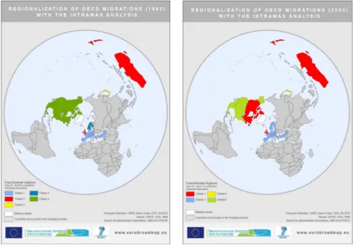 Figure 9: Divisions of the World based on Migration flows OECD-OECD with Intramax Analysis - 1995 and 2005