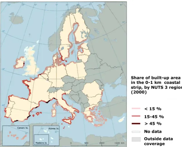 Figure 1 - Part des espaces urbanisés dans la bande côtière 0-1 km en Europe 