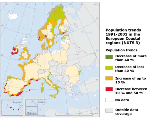 Figure 5 - Evolution de la population dans les zones côtières européennes (1991-2001) 