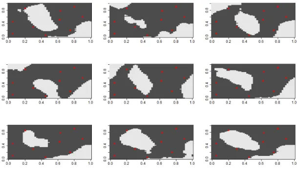 Figure 4.2: Nine conditional realizations of the random set Γ.