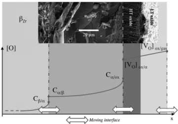 Fig. 2. Top: SEM micrograph (this work) representing a cross section of a prior- prior-oxidized (30 ␮m) sample of Zircaloy-4 oxidized at 1200 ◦ C under oxygen during 200 s