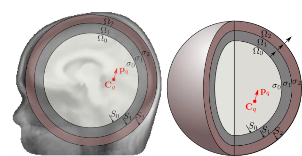 Figure 2.1: Spherical head model, with one source C q , p q . are discussed in Section 3.3.3.