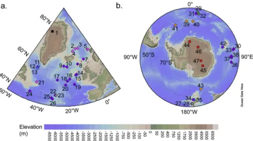 Fig. 1. Location of marine sediment and ice core sites in a. the Northern Hemisphere and b