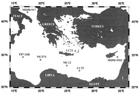 Figure 1. Map of core positions  in the eastern  Mediterranean  Sea. 