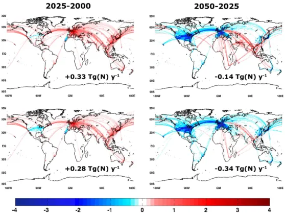 Fig. 2. Spatial distribution of the absolute difference in NO x emission flux from aircraft for the B1 (top) and B1 ACARE (bottom) scenarios (unit: 10 13 1molecules NO 2 m −2 s −1 ) used in QUANTIFY.