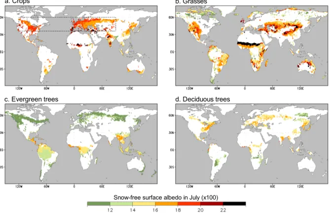 Fig. 2. Snow-free surface albedo in July derived from MODIS. Maps indicate the available grid cells of 0.5 ◦ (containing sub-cells with dominant land cover; see text) associated to four land cover groups used in this study: crops (a), grasses (b), evergree