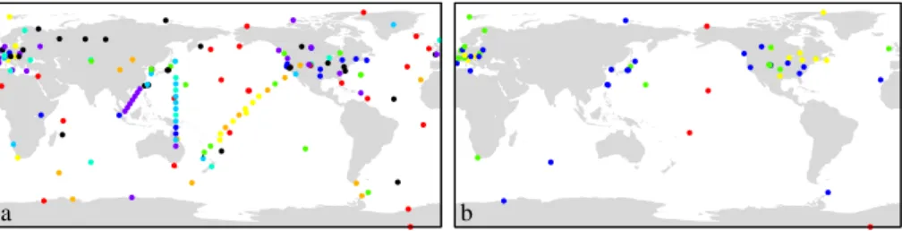 Fig. 1. Map of the site locations. Left shows all site locations used by any inversion with the color representing the number of inversions that use that site: black: 1, purple: 2, dark blue: 3, light blue: 4, cyan: 5–6, green: 7–8, yellow: 9, orange: 10, 