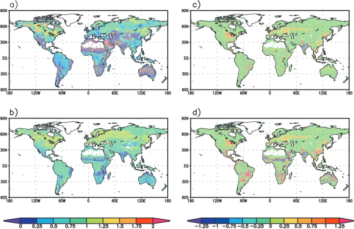 Figure 10. Spatial pattern of the mean flux-weighted isotopic disequilibrium over the years 1985 to 1995 for (a) ISOVAR (left color bar), the difference between ISOVAR and (b) ISOVAR without fire, (c) ISOLUC, and (d) ISOLUCP experiment (Figures 10b, 10c, a