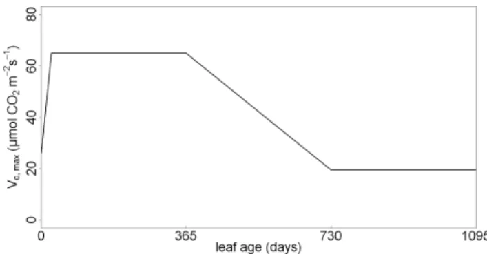 Figure 1. In ORCHIDEE, leaf photosynthetic capacity (V c,max ) is determined as a  function  of  leaf  age
