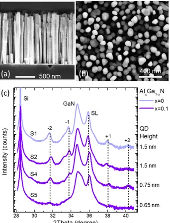 Figure 2. (a) Cross-section and (b) top-view SEM images of a sample containing GaN NWs  with a superlattice (SL) consisting of 88 periods of Al 0.1 Ga 0.9 N/AlN (S4)