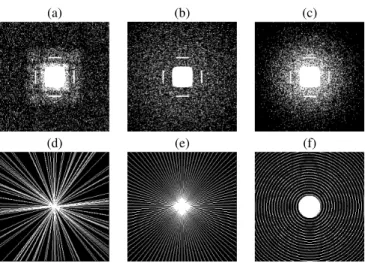 Fig. 4. Various k-space sampling schemes. (a)-(c): Two-stage sampling schemes. High frequencies sampled according to π ? (a) and to polynomial densities [5] with p = 1 (b) and p = 4 (c)