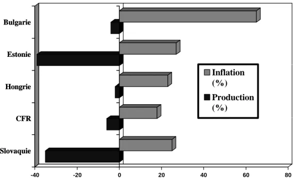 Graphique n° 1.1:  Corrélation entre inflation et production en 1993.