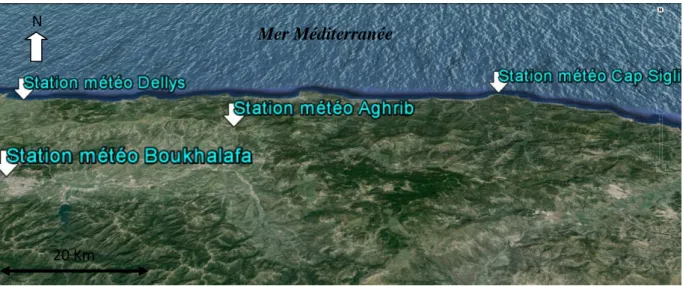 Figure 2.7 : Positions des stations météorologiques les plus proches du terrain d’étude 