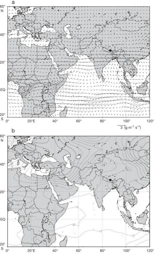 Fig. 5. Anomalies of (a) mean moisture flux (g m –2 s –1 ) at 400 hPa level, and (b) mean geopotential height (m) at 500 hPa level in the dry season (Oct –May of the following year) during 1960–1964 relative to 1951–2001 (1960–1964 minus 