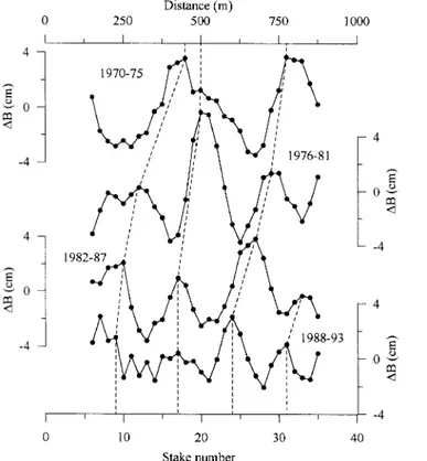 Fig. 4. Six-year snow build-up series obtained along the NS profile of the Vostok accumulation-stake network as adapted from Ekaykin and others (1998)