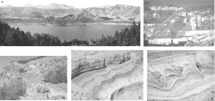 Fig. 4 : Coupe schématique N-S du volcan Gölcük en passant par le cratère du maar, les derniers dômes trachytiques, l’anneau de tuf et les dépôts pyro- pyro-clastiques majeurs (M.P.F.D.).
