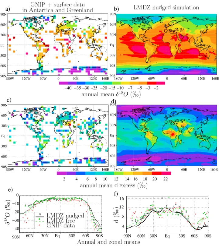 Figure 2. (a, b) Annual mean d 18 O and (c, d) d excess in precipitation, in the data (Figures 2a and 2c) and the LMDZ‐iso nudged simulation (Figures 2b and 2d)