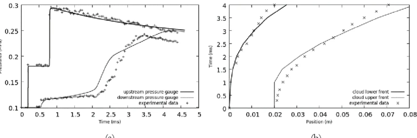 Figure I.11 – (a): Computed pressure signal of the Rogue test with the general model are compared  with experimental pressure records