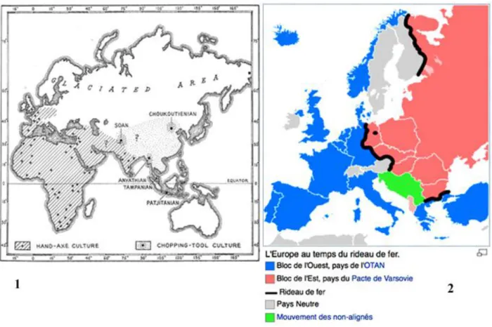 Figure 6 : 1- Carte de l’Eurasie au Paléolithique inférieur divisée en deux zones, culture à biface à l’ouest et culture à  chopping-tool  à  l’est  (d’après  Movius,  1944) ;  2-  carte  représentant  l’Europe  au  temps  du  rideau  de  fer  (d’après  Wi