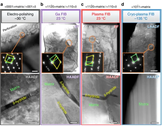 Fig. 1 Transmission electron microscopy characterization. The bright- ﬁ eld TEM, SAED and STEM images for CP Ti prepared by a electro-polishing, b room temperature Ga-FIB, c room temperature Xe plasma FIB (Xe-PFIB) and d cryogenic Xe plasma FIB (cryo-PFIB)