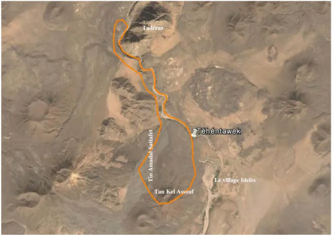 Figure .32. Image satellite de la zone prospectée en 2007 et en 2008 (en ligne orange)