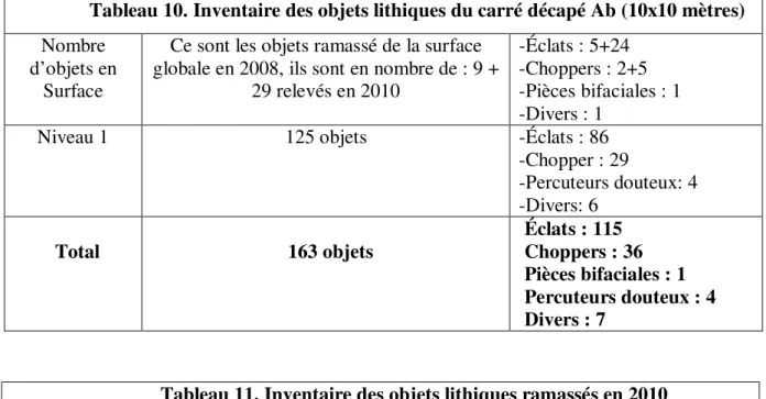 Tableau 10. Inventaire des objets lithiques du carré décapé Ab (10x10 mètres)  Nombre 