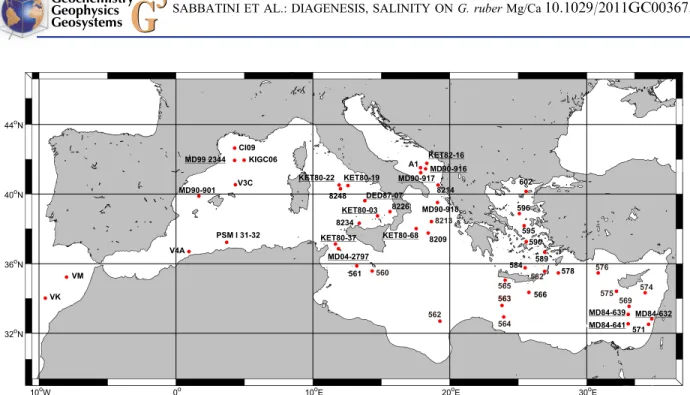 Figure 1. Sample location map. Dark initials mark the locations of the box corer and core tops used in this study and the underlined initials indicate the positions of the analyzed core top samples by Boussetta et al
