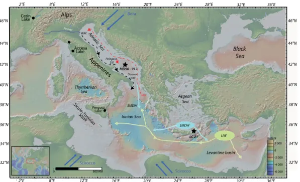 Fig. 1. Location of the studied core MD90-917 and reference sites in the Mediterranean and north of the Alps