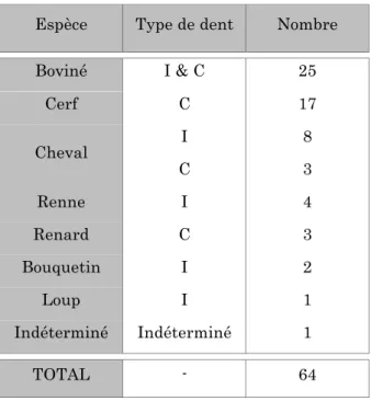 Tableau 6 : Nombre de dents animales perforées   de Gourdan par type spécifique 