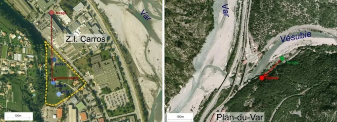 Figure 3. 1 : Localisation des sites de prélèvement sur le champ de captage de Carros (à gauche) et sur le  captage de Plan-du-Var (à droite) (source des images : Géoportail)