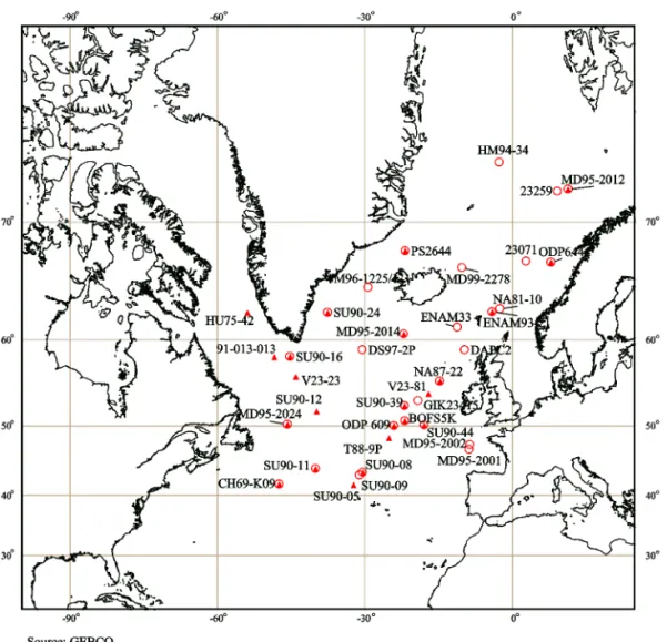 Fig. 1. Location of the studied cores. The oxygen isotopic composition of the cores used in this paper is obtained only on Neogloboquadrina pachyderma left coiling