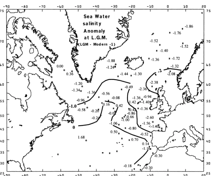 Fig. 2. Carte de l’anomalie de salinité des eaux superficielles de l’océan Atlantique au cours du dernier maximum glaciaire [18]