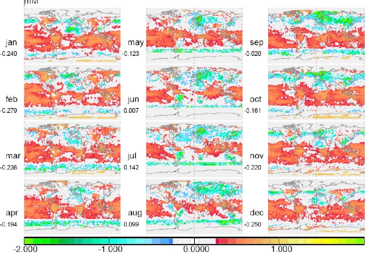Fig. 6. Local relative deviations for aot of the (16 AeroCom) models median with respect to the satellite composite (S*) of Fig