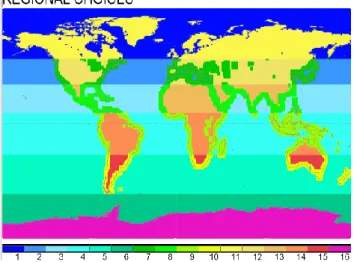 Fig. 7. Regional choices for aot-comparison among modeling and remote sensing. A distinction was made between land- ocean- and coastal surfaces for selected zonal bands.