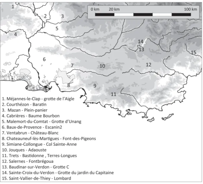 Figure 10.  Répartition des sites régionaux pour lesquels des vestiges de matières  colorantes sont mentionnés (carte J.-V