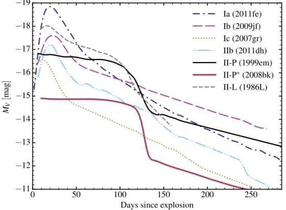 Figure 1.3 – Comparison of V -band light curves for different types of SNe. The ‘II-P*’ label corresponds to low-luminosity SNe II-P.