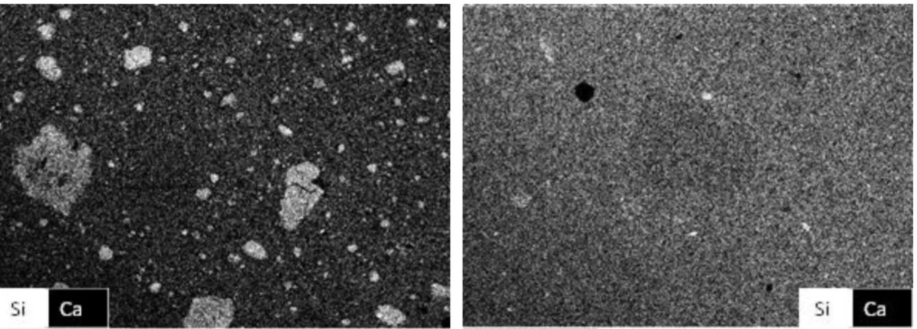 Fig  2:  Silicon  and  calcium  mapping  of  SF  cement  paste  manufactured  with  DSF  (on  the  right) and with slurry (on the left)