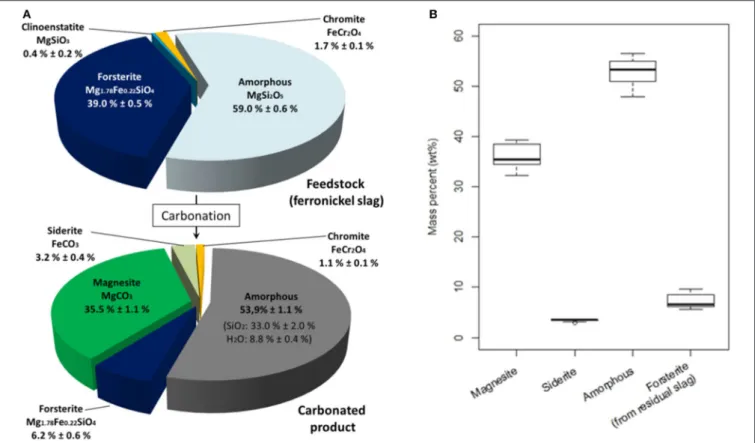 FIGURE 11 | Mineralogical composition of feedstock (ferronickel slag) and carbonated products (A) Mineralogical speciation (wt%)