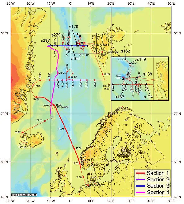 Fig. 1. Map of the cruise track of the R/V Polarstern ARK XXV 1 + 2. The cruise began on 10 June 2010 in Bremerhaven, Germany, and ended on 29 July 2010 in Reykjavik, Iceland