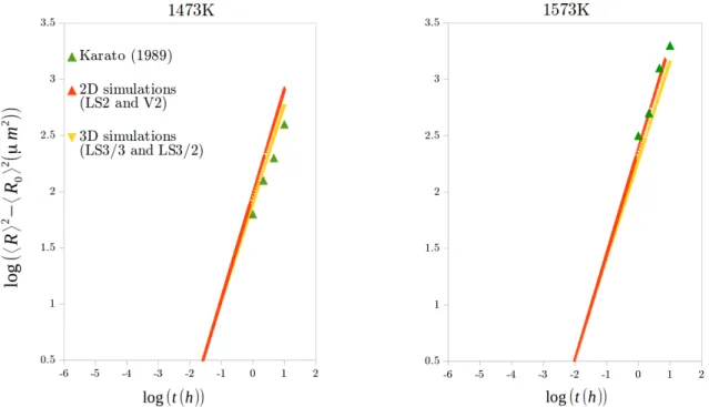 Figure 2.5 shows the experimental grain growth kinetics from [Karato, 1989] and the computed and then extrapolated (using the Burke and Turnbull mean field model, eq.(2.15)) grain growth kinetic for the 3D simulations (LS3/3 and LS3/2) and the 2D ones (LS2
