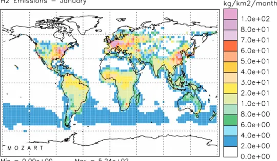 Figure 1. Monthly mean H 2 total surface emissions used in MOZART for January and July conditions (kg/km 2 /month).