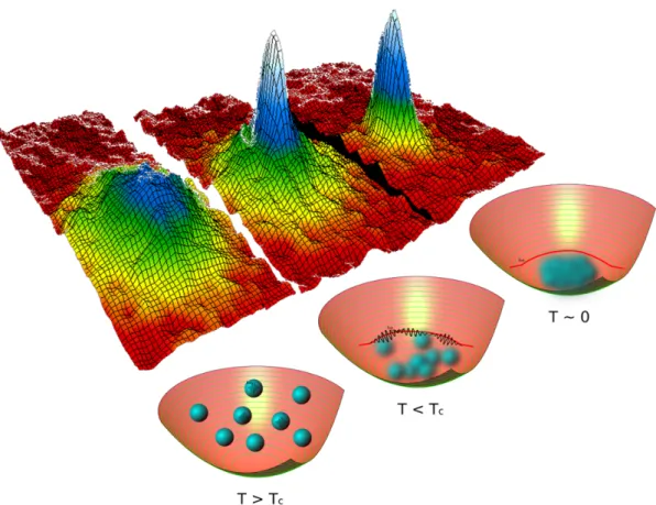 Figure 2: Transition to a BEC state as the temperature is lowered. The upper row of images show momenta distributions taken in the JILA experiments (source: NIST/JILA/CU-Boulder)