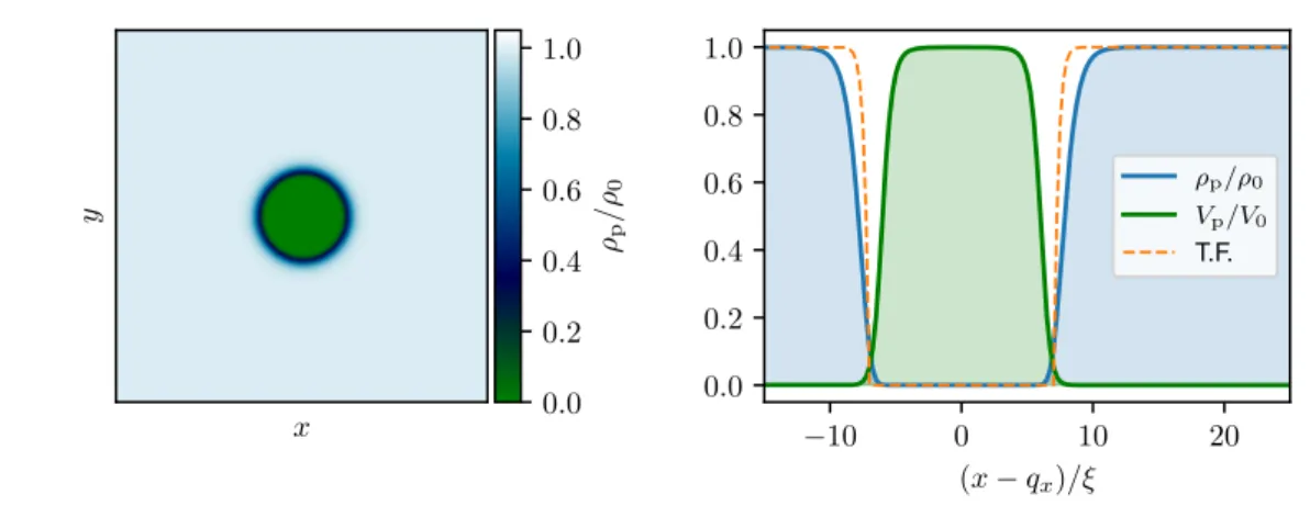 Figure 2.7. Ground state of the GP equation with a particle modeled as a repulsive potential.(left) 2D slice of the GP density passing through the particle center