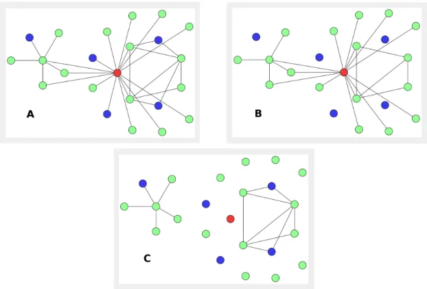 Figure 3.3: resilience of a scale-free network to random attacks. Frame A: a scale-free network, with a main hub highlighted in red and five non-hub nodes colored blue