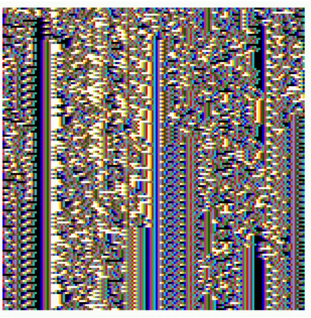 Figure 1.1: a partial evolution in time of a discrete network. Time flows from top to bottom, each row of pixels representing the configuration of the system at each timestep