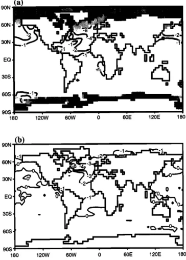 Figure 1.  Differences  of the boundary  conditions  between  the  control  and cold climate  experiments:  (a) mean anomalies  of sea  surface  temperatures  (SSTs) and sea ice (temperature  contour  lines at -1 ø  C, -2 ø  C, -4 ø  C, -8 ø  C, and - 16 ø